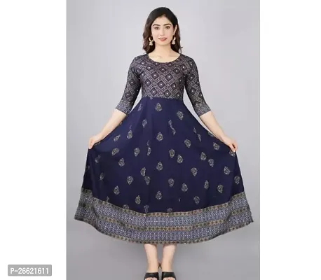 Pretty Navy Blue Printed Rayon Flared Anarkali Gown