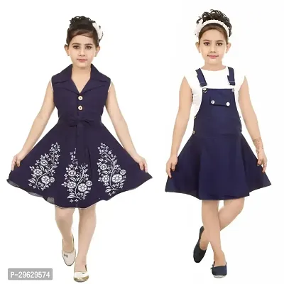 Stylish Navy Blue Cotton Blend Dresses For Girls Pack Of 2-thumb0