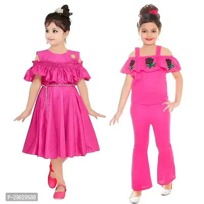 Stylish Pink Cotton Blend Dresses For Girls Pack Of 2