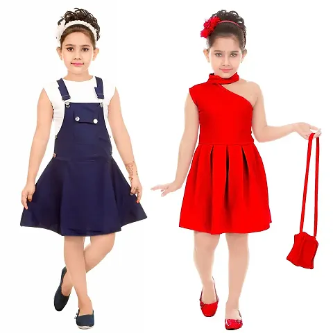 Stylish Blend Self Pattern Dresses For Girls (Pack Of 2, Blue, Red)