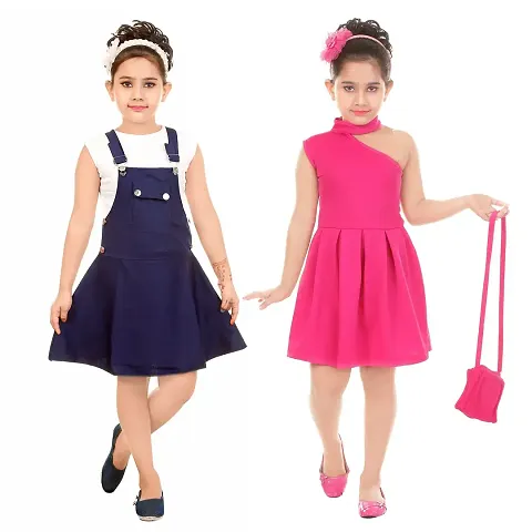 Stylish Blend Self Pattern Dresses For Girls (Pack Of 2, Blue, Red)