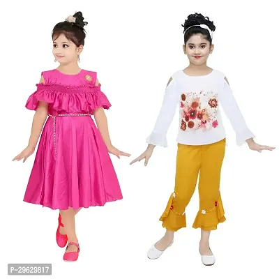 Stylish Multicoloured Cotton Blend Dresses For Girls Pack Of 2
