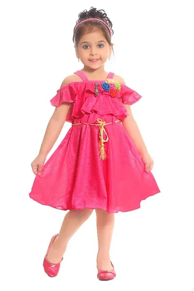 Girls Midi/Knee Length Festive/Wedding Dress (Pink, Fashion Sleeve)