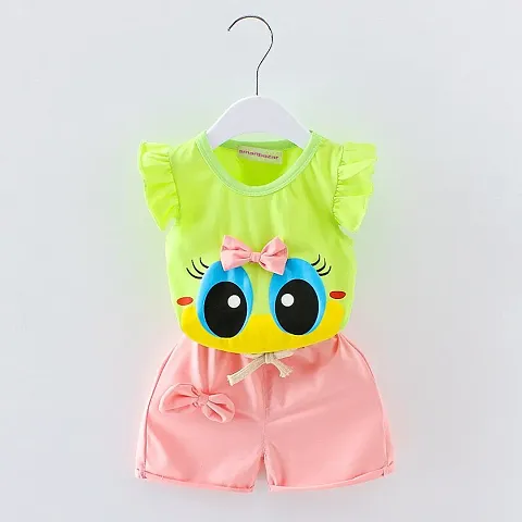 Bold N Elegant Cute Duck Cartoon Bow Embellished Girls T-shirt Top & Shorts Summer Casual Clothing Set for Baby Girls