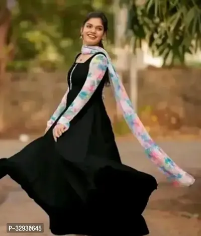 Beautiful Cotton Blend Black Printed Gown For Women With Dupatta-thumb0