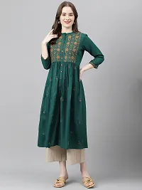 Stylish Green Viscose Rayon A-Line Embroidered Stitched Kurti For Women-thumb1