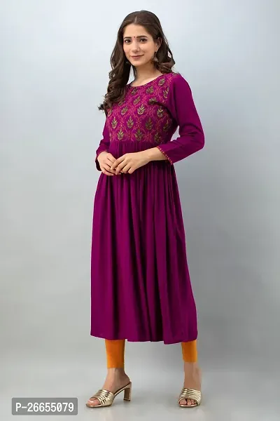 Stylish Purple Viscose Rayon A-Line Embroidered Stitched Kurti For Women-thumb4