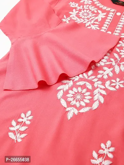 Stylish Pink Viscose Rayon A-Line Embroidered Stitched Kurti For Women-thumb5