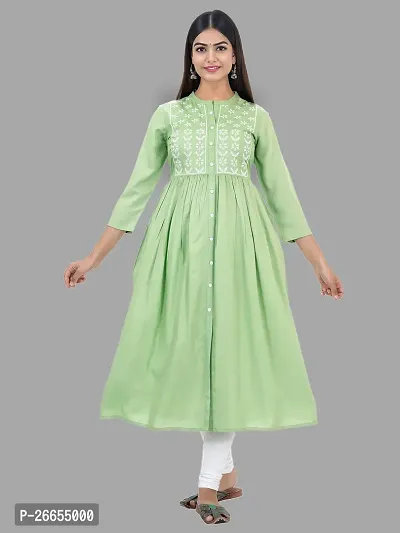 Stylish Green Viscose Rayon A-Line Embroidered Stitched Kurti For Women-thumb0