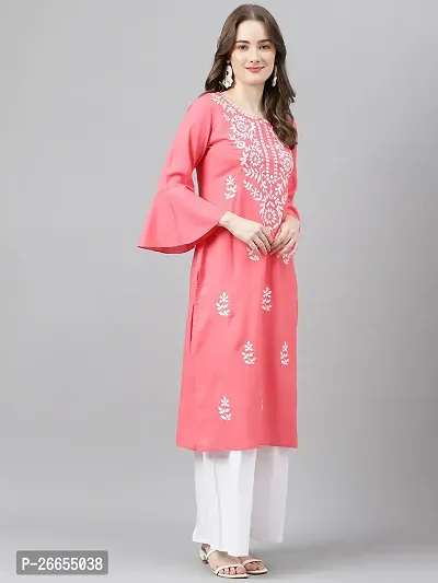 Stylish Pink Viscose Rayon A-Line Embroidered Stitched Kurti For Women-thumb4