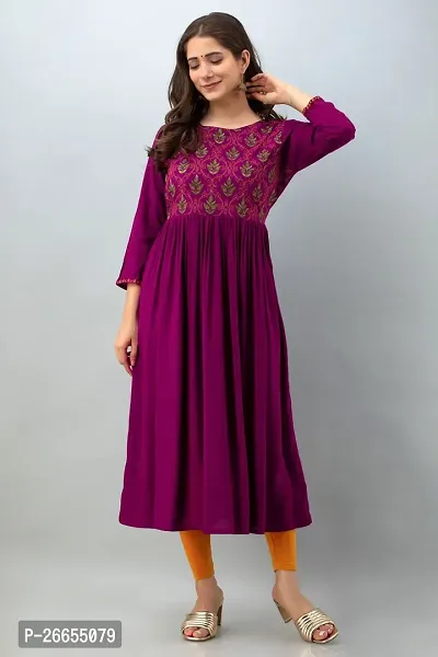 Stylish Purple Viscose Rayon A-Line Embroidered Stitched Kurti For Women-thumb3