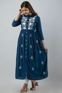 Stylish Blue Viscose Rayon A-Line Embroidered Stitched Kurti For Women-thumb2