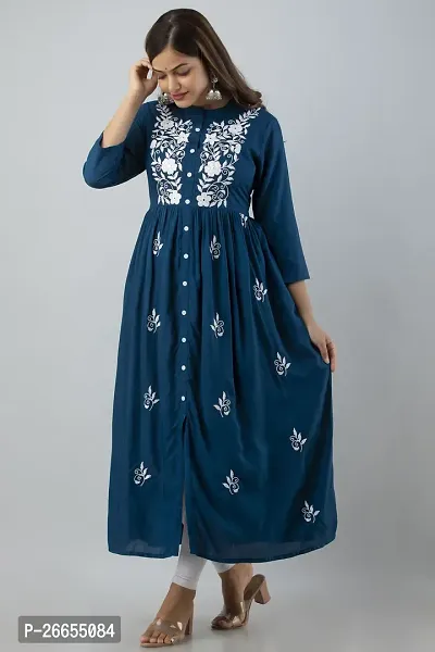 Stylish Blue Viscose Rayon A-Line Embroidered Stitched Kurti For Women-thumb3