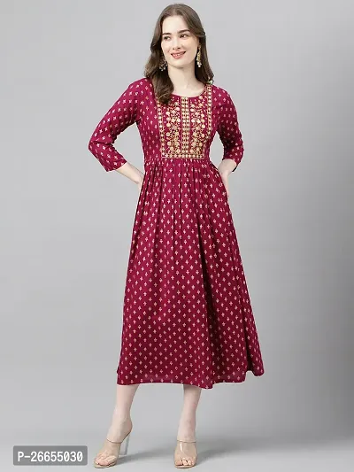 Stylish Maroon Viscose Rayon A-Line Embroidered Stitched Kurti For Women