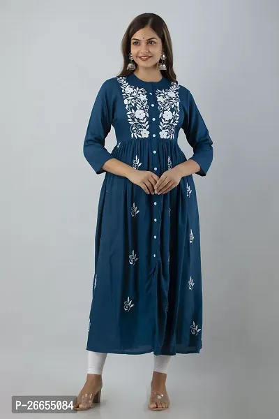 Stylish Blue Viscose Rayon A-Line Embroidered Stitched Kurti For Women