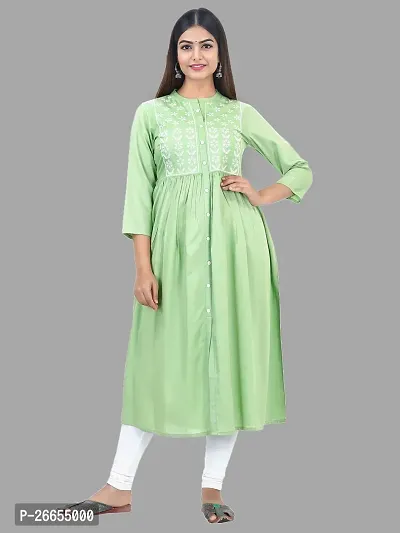 Stylish Green Viscose Rayon A-Line Embroidered Stitched Kurti For Women-thumb2