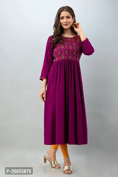 Stylish Purple Viscose Rayon A-Line Embroidered Stitched Kurti For Women-thumb5