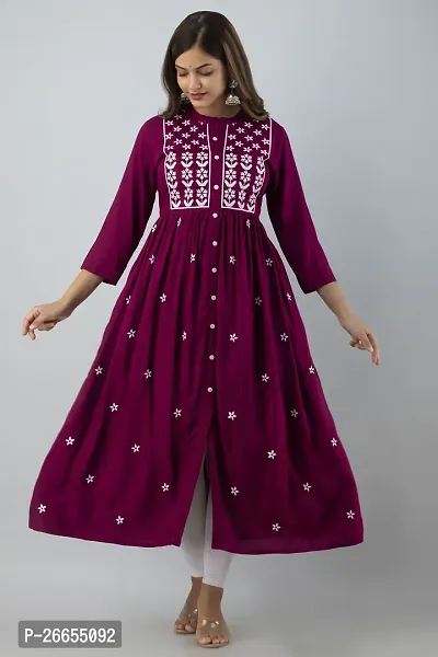 Stylish Purple Viscose Rayon A-Line Embroidered Stitched Kurti For Women