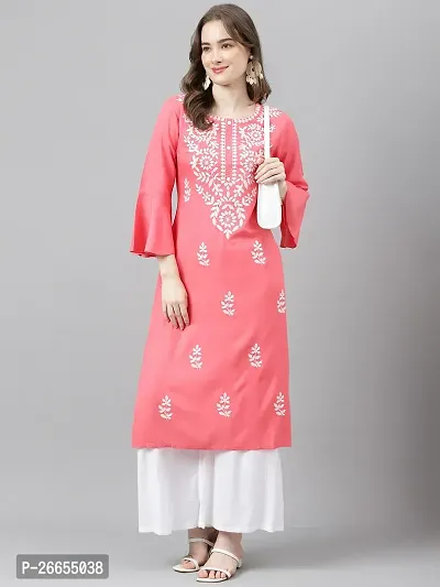 Stylish Pink Viscose Rayon A-Line Embroidered Stitched Kurti For Women-thumb0