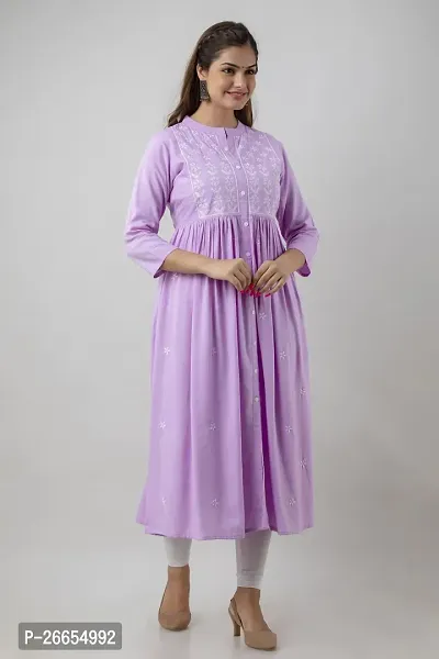 Stylish Purple Viscose Rayon A-Line Embroidered Stitched Kurti For Women-thumb3