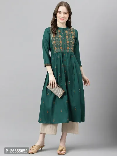 Stylish Green Viscose Rayon A-Line Embroidered Stitched Kurti For Women-thumb0