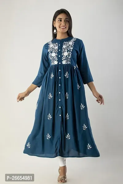 Stylish Blue Viscose Rayon A-Line Embroidered Stitched Kurti For Women-thumb0