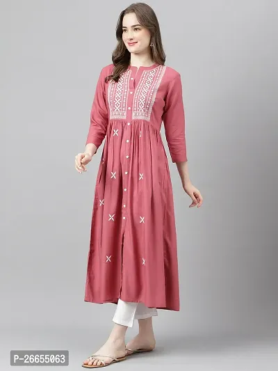 Stylish Pink Viscose Rayon A-Line Embroidered Stitched Kurti For Women-thumb2