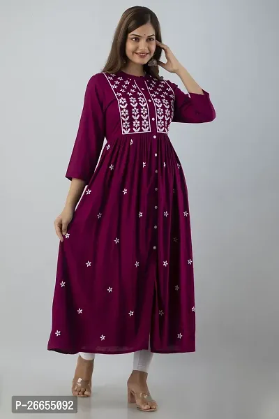 Stylish Purple Viscose Rayon A-Line Embroidered Stitched Kurti For Women-thumb4