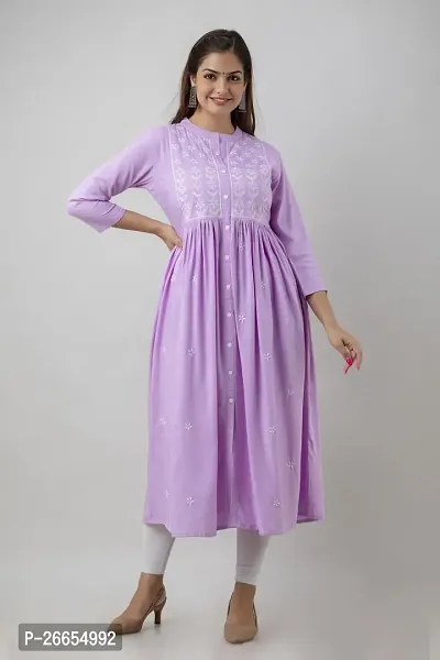 Stylish Purple Viscose Rayon A-Line Embroidered Stitched Kurti For Women-thumb4