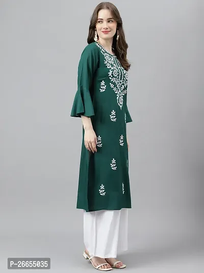 Stylish Green Viscose Rayon A-Line Embroidered Stitched Kurti For Women-thumb4
