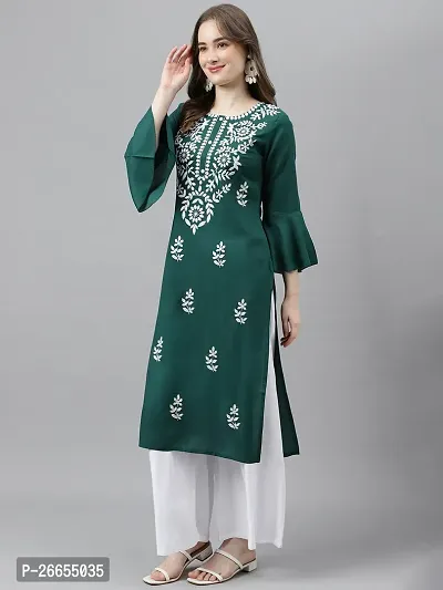 Stylish Green Viscose Rayon A-Line Embroidered Stitched Kurti For Women-thumb2