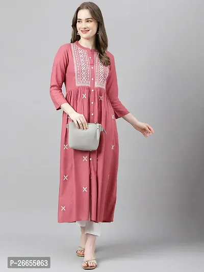 Stylish Pink Viscose Rayon A-Line Embroidered Stitched Kurti For Women-thumb3