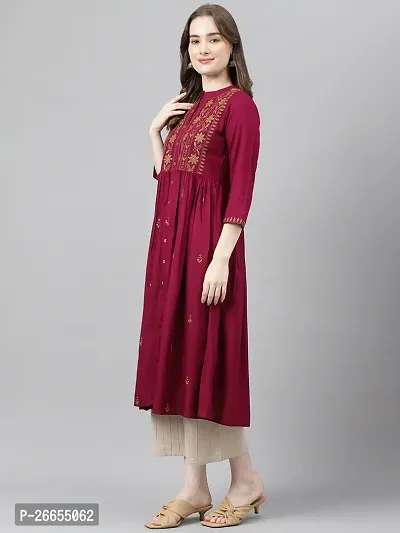 Stylish Maroon Viscose Rayon A-Line Embroidered Stitched Kurti For Women-thumb3