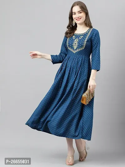 Stylish Blue Viscose Rayon A-Line Embroidered Stitched Kurti For Women-thumb3