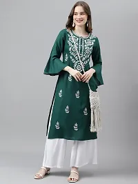 Stylish Green Viscose Rayon A-Line Embroidered Stitched Kurti For Women-thumb2