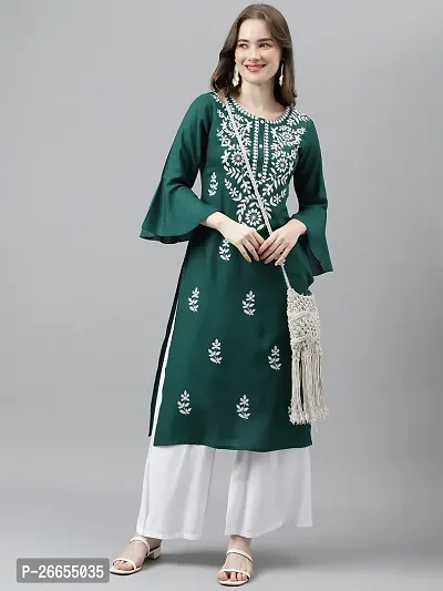 Stylish Green Viscose Rayon A-Line Embroidered Stitched Kurti For Women-thumb3