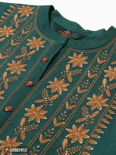 Stylish Green Viscose Rayon A-Line Embroidered Stitched Kurti For Women-thumb5