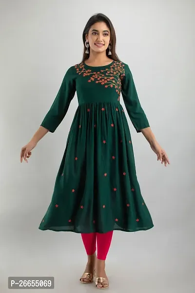 Stylish Green Viscose Rayon A-Line Embroidered Stitched Kurti For Women