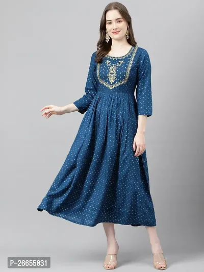 Stylish Blue Viscose Rayon A-Line Embroidered Stitched Kurti For Women-thumb0