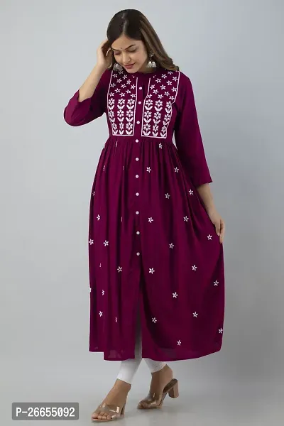 Stylish Purple Viscose Rayon A-Line Embroidered Stitched Kurti For Women-thumb3