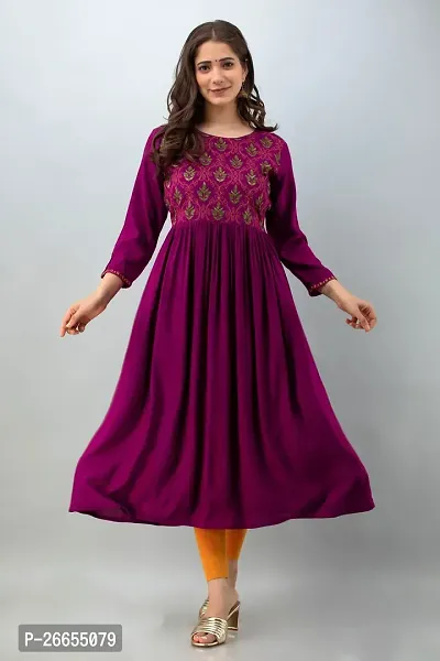 Stylish Purple Viscose Rayon A-Line Embroidered Stitched Kurti For Women