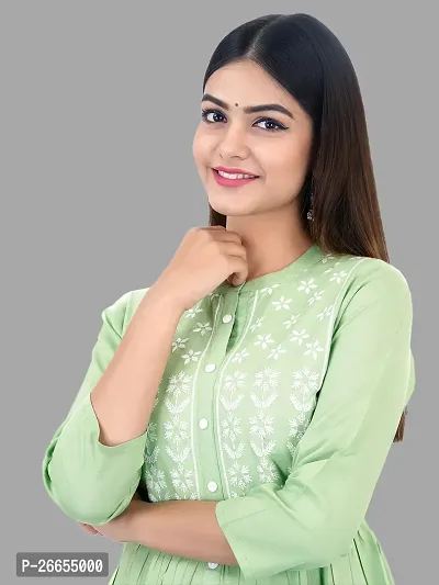 Stylish Green Viscose Rayon A-Line Embroidered Stitched Kurti For Women-thumb4