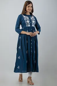 Stylish Blue Viscose Rayon A-Line Embroidered Stitched Kurti For Women-thumb3