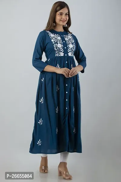 Stylish Blue Viscose Rayon A-Line Embroidered Stitched Kurti For Women-thumb4