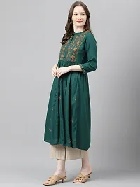 Stylish Green Viscose Rayon A-Line Embroidered Stitched Kurti For Women-thumb2