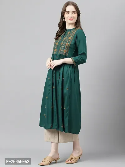 Stylish Green Viscose Rayon A-Line Embroidered Stitched Kurti For Women-thumb3