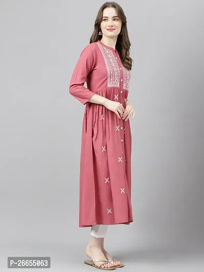 Stylish Pink Viscose Rayon A-Line Embroidered Stitched Kurti For Women-thumb4