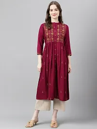 Stylish Maroon Viscose Rayon A-Line Embroidered Stitched Kurti For Women-thumb1