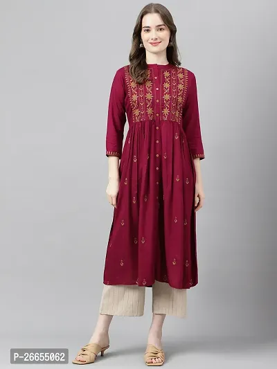 Stylish Maroon Viscose Rayon A-Line Embroidered Stitched Kurti For Women-thumb2