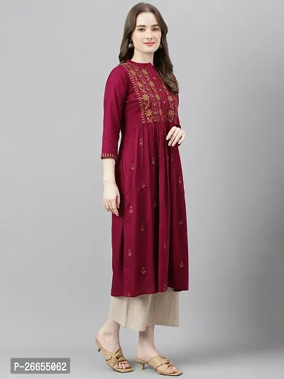 Stylish Maroon Viscose Rayon A-Line Embroidered Stitched Kurti For Women-thumb4